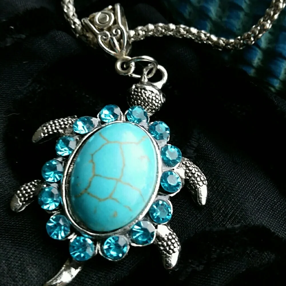 Turtle necklace with turquoise and rhinestones
